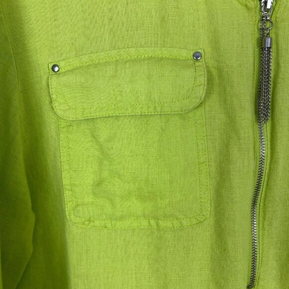 Ellen Tracy Top Womens Large Green 100% Linen 3/4 Roll Tab Short Sleeve Shirt L - Picture 6 of 11